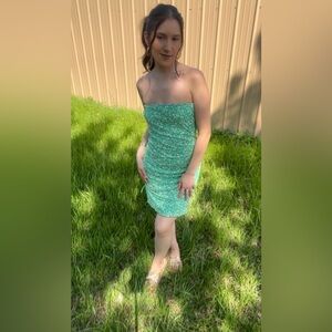 Green Floral Strapless Dress